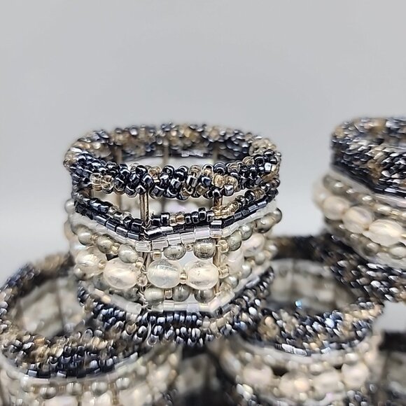 Pier One imports Blue gray, white, black beaded napkin holders Set Of 9 1.5" - Picture 2 of 4